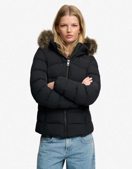 Superdry Hooded faux fur fuji padded jacket in black, 2 of 6
