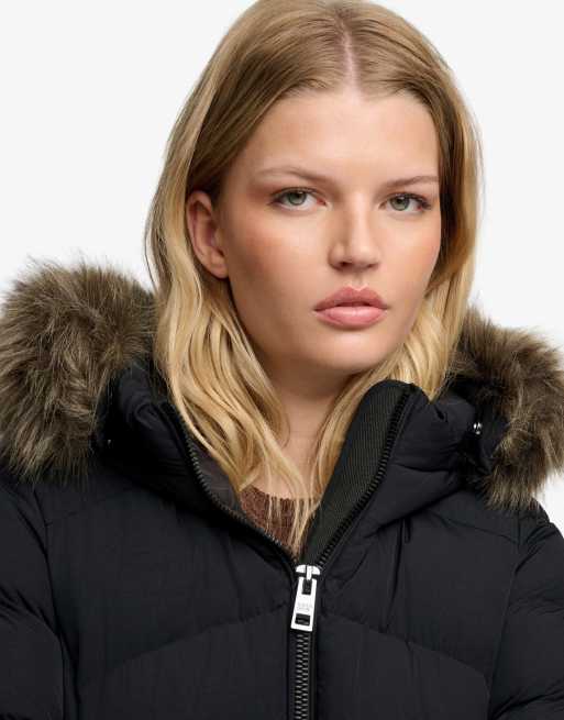 Superdry Hooded faux fur fuji padded jacket in black, 3 of 6