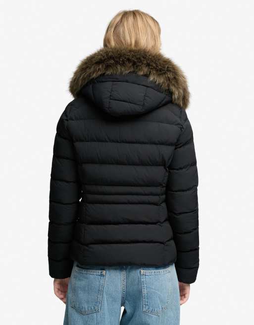 Superdry Hooded faux fur fuji padded jacket in black, 5 of 6