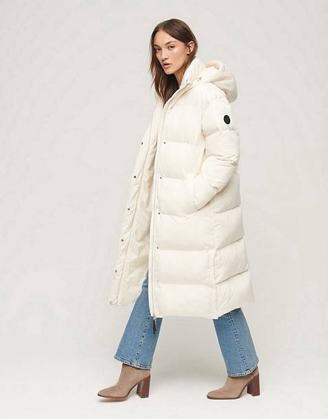 Superdry Hooded longline puffer coat in off white