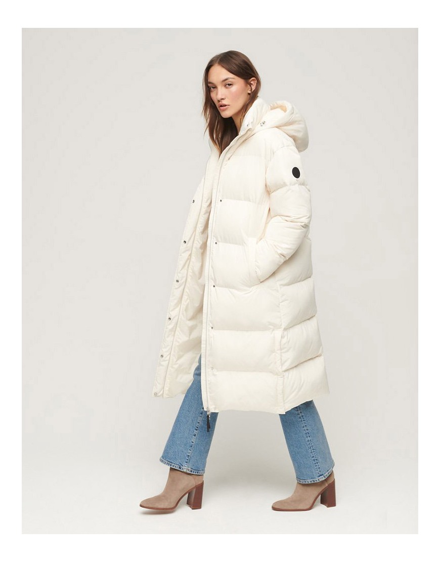 Superdry Hooded longline puffer coat in off white