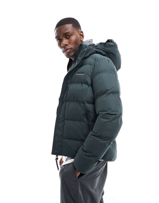 Superdry hooded microfibre sport puffer jacket in academy dark green