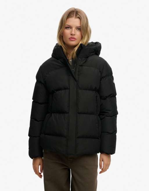 Superdry Hooded mid length sports puffer jacket in black, 2 of 7