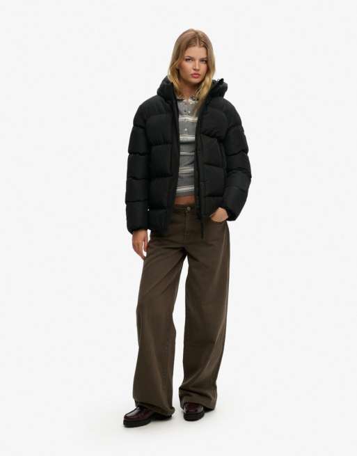 Superdry Hooded mid length sports puffer jacket in black, 4 of 7