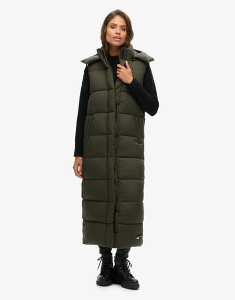Superdry Hooded ripstop longline gilet in khaki grid - view 1