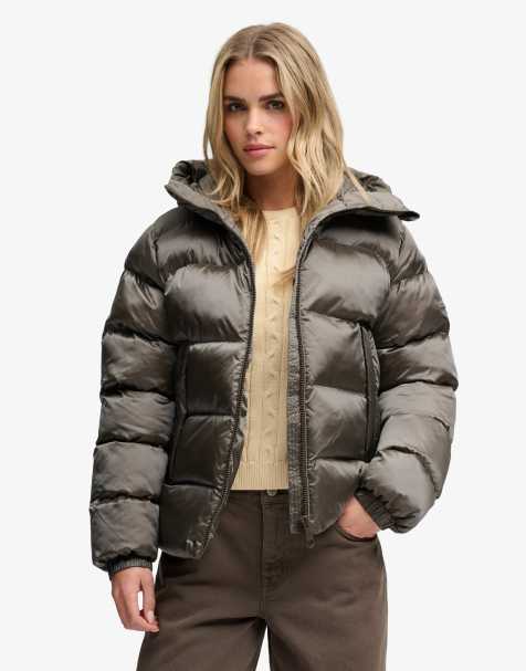 Superdry Hooded shine puffer jacket in deep khaki green - view 1