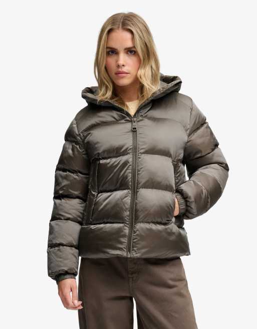 Superdry Hooded shine puffer jacket in deep khaki green, 2 of 7