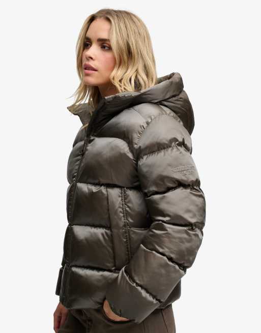 Superdry Hooded shine puffer jacket in deep khaki green, 3 of 7