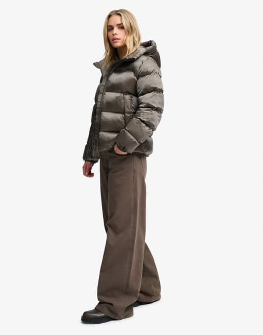 Superdry Hooded shine puffer jacket in deep khaki green, 4 of 7