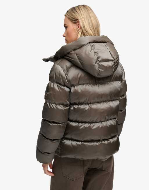 Superdry Hooded shine puffer jacket in deep khaki green, 5 of 7