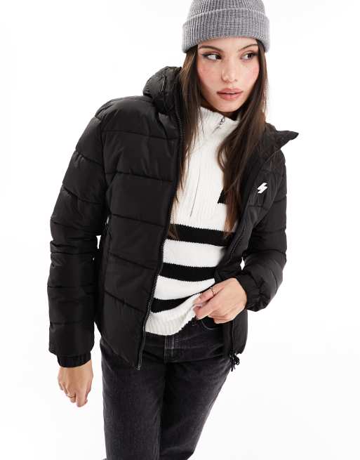 Sporty down jacket with fixed hood