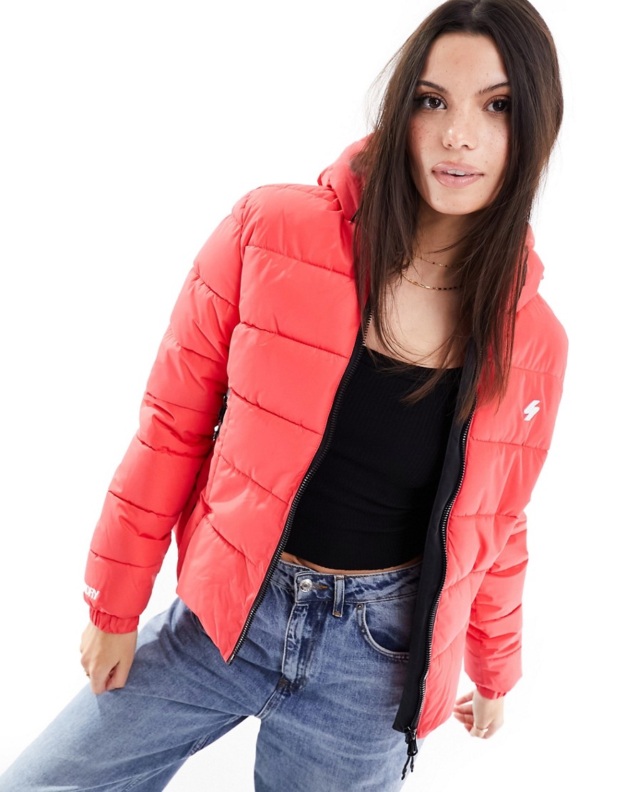 Superdry hooded spirit sports puffer jacket in pink