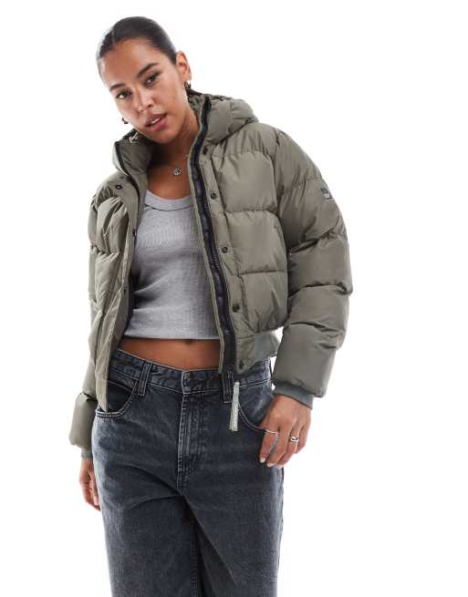 Superdry Hooded sports puffer bomber jacket in dusty olive green