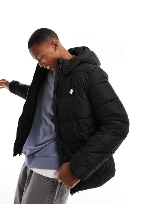 Superdry hooded sports puffer jacket in Black ASOS