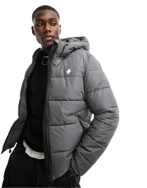 Men's Hooded Sports Puffer Jacket in Dark Slate Grey