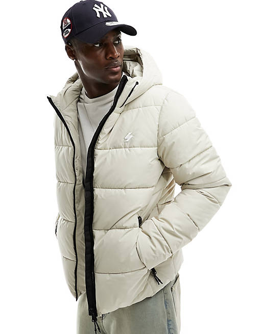 Superdry Hooded sports puffer jacket in pelican beige | ASOS