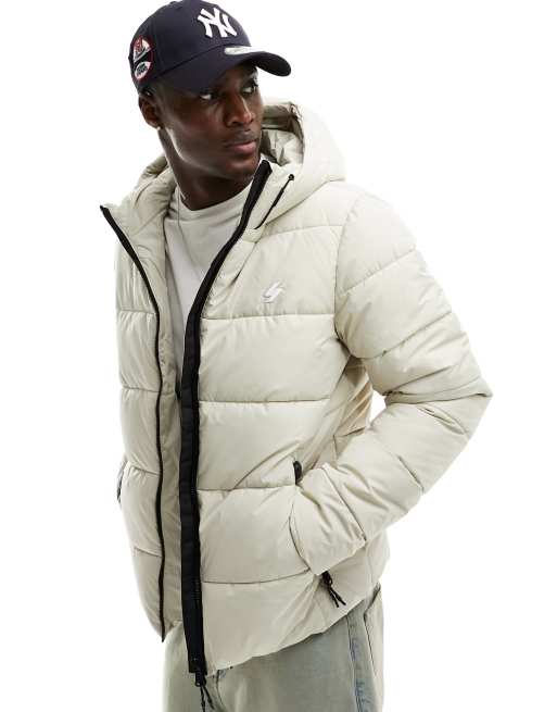 Superdry Hooded sports puffer jacket in pelican beige