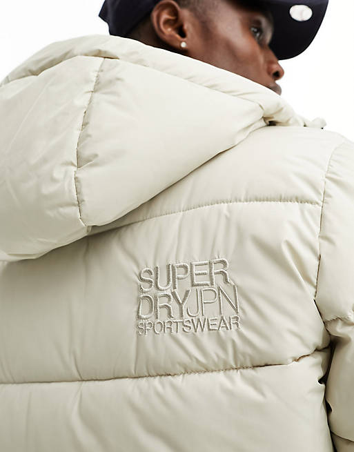 Superdry Hooded sports puffer jacket in pelican beige | ASOS