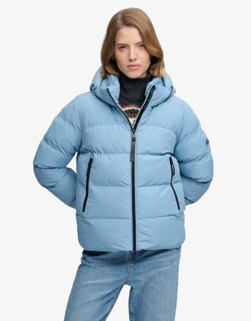Superdry Hooded sports puffer jacket in washed denim blue, 2 of 7
