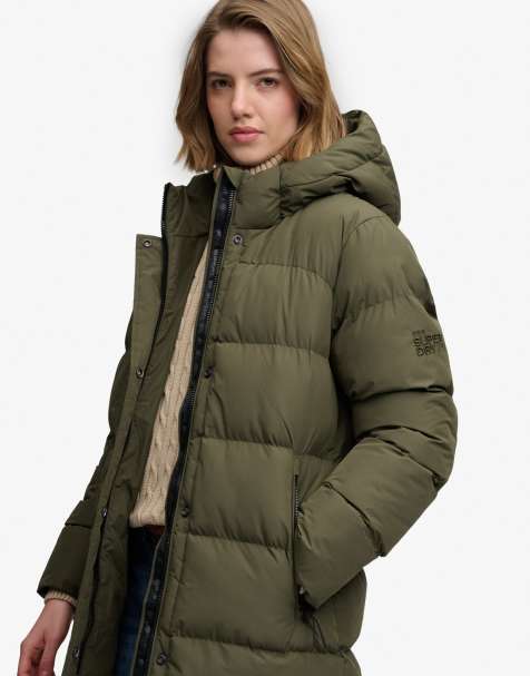 Superdry Hooded sports puffer mid length jacket in washed khaki - view 1