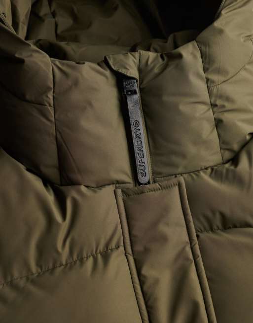 Superdry Hooded sports puffer mid length jacket in washed khaki, 7 of 7