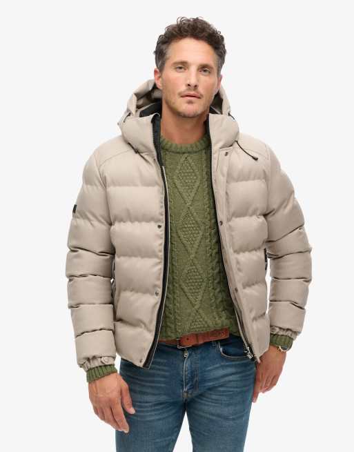 Superdry Hooded tweed sports puffer jacket in beige marl