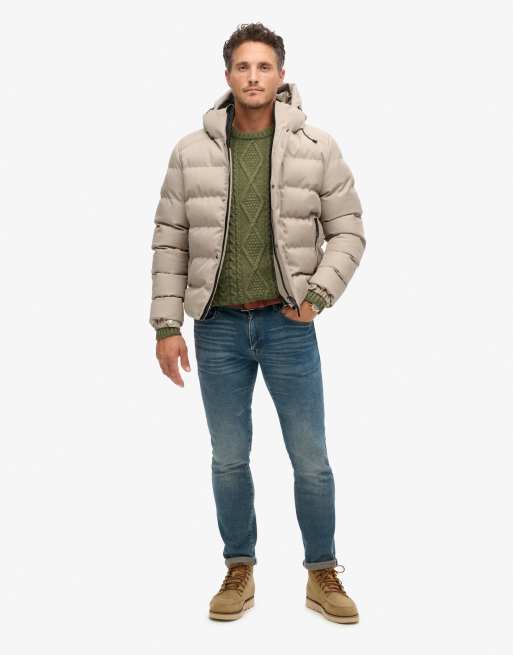 Superdry Hooded tweed sports puffer jacket in beige marl | ASOS
