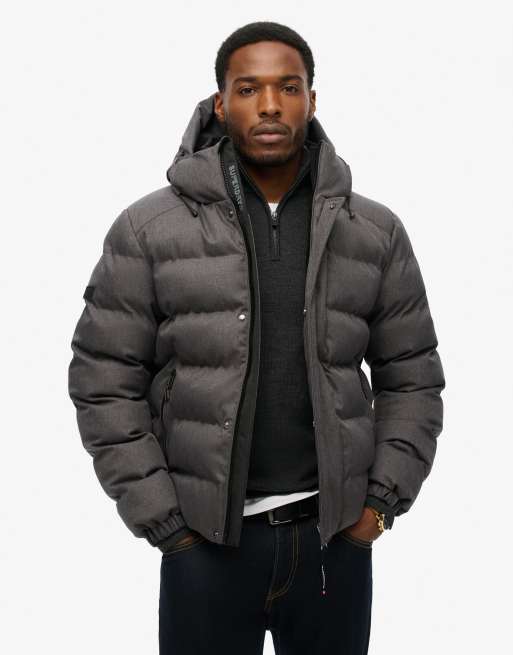 Superdry Hooded tweed sports puffer jacket in grey marl