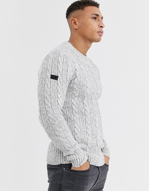 Superdry Jacob crew neck cable knit jumper in light grey