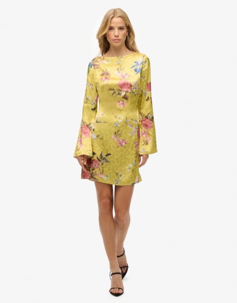Superdry Jacquard flare sleeve mini dress in kirro blossom