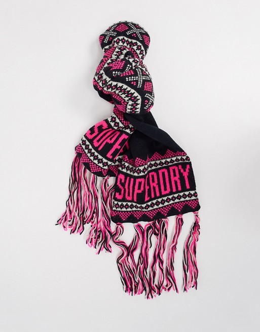 Superdry jenna fairisle scarf in navy with pink logo print