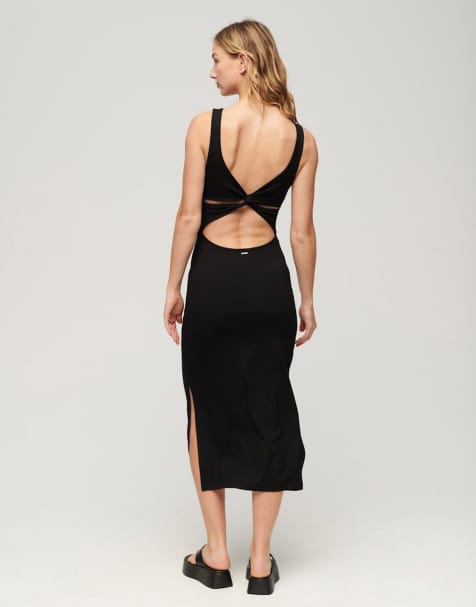 Superdry Jersey twist back midi dress in black