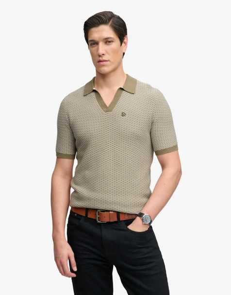 Superdry Johnny collar knitted polo shirt in artichoke/cream jacquard - view 1