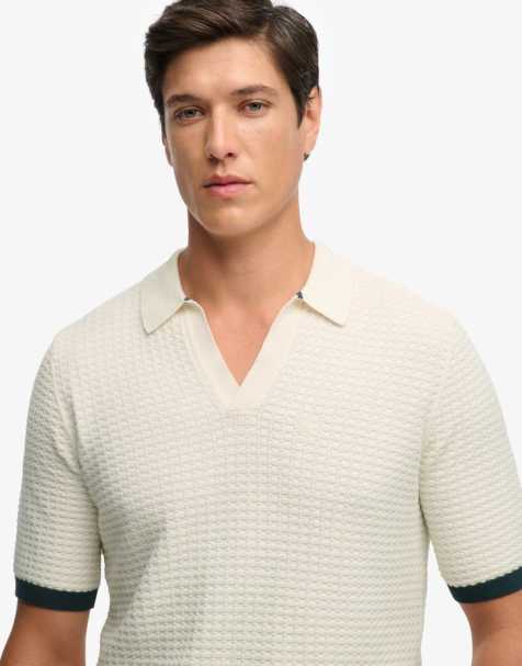 Superdry Johnny collar knitted polo shirt in classic cream - view 1