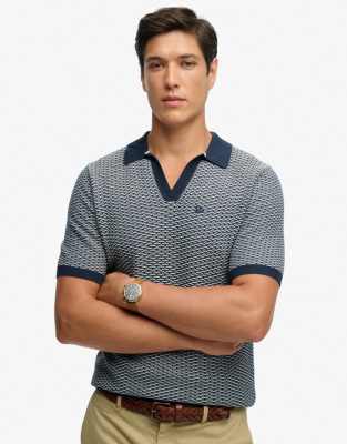 Superdry Johnny collar knitted polo shirt in stormy navy jacquard