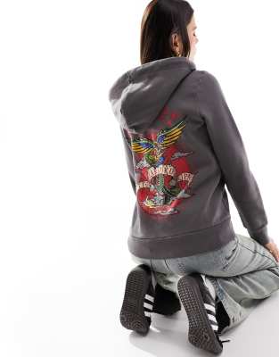 Superdry – Kapuzenjacke in Anthrazit mit Strass-Tattoomotiv und Reißverschluss
