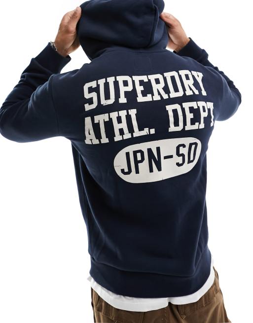 Superdry – Kapuzenpullover in Eclipse-Marineblau mit beflocktem, sportlichem Schriftzug