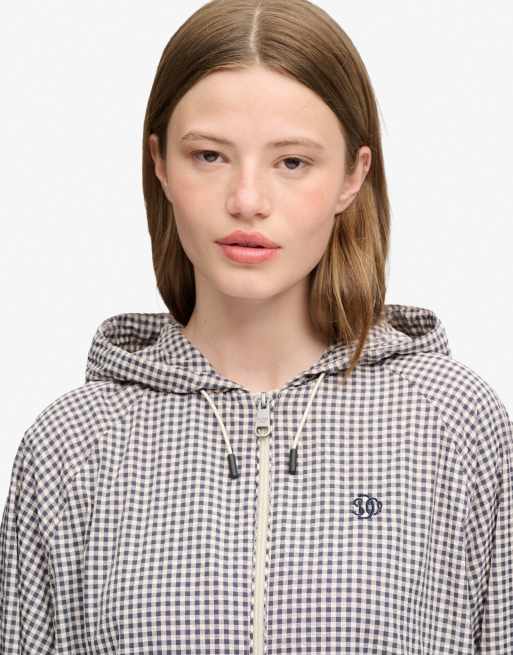 Superdry karierte Raglan-Windbreaker-Jacke in Marineblau/ Ecru-Karo, 3 von 6