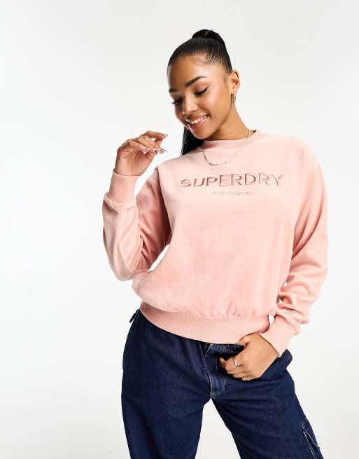 Superdry – Kastiges Velours-Sweatshirt in Pfirsichbeige mit Rundhalsausschnitt und Grafikprint