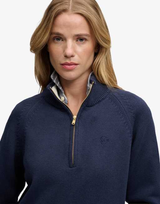Superdry klassischer Baumwoll-Strickpullover mit halbem Reißverschluss in Marineblau, 3 von 6