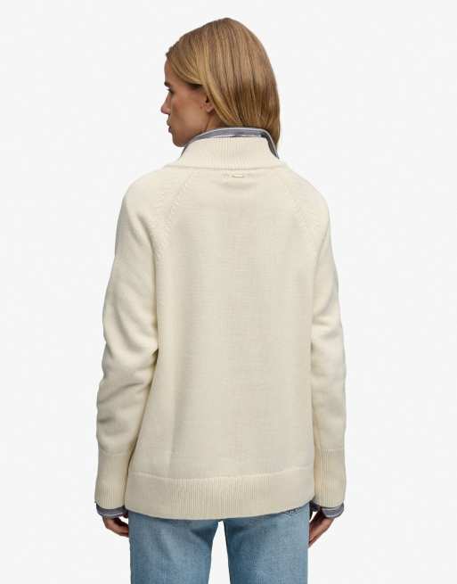 Superdry klassischer Baumwollstrick-Pullover mit halbem Reißverschluss in Ecru, 2 von 6