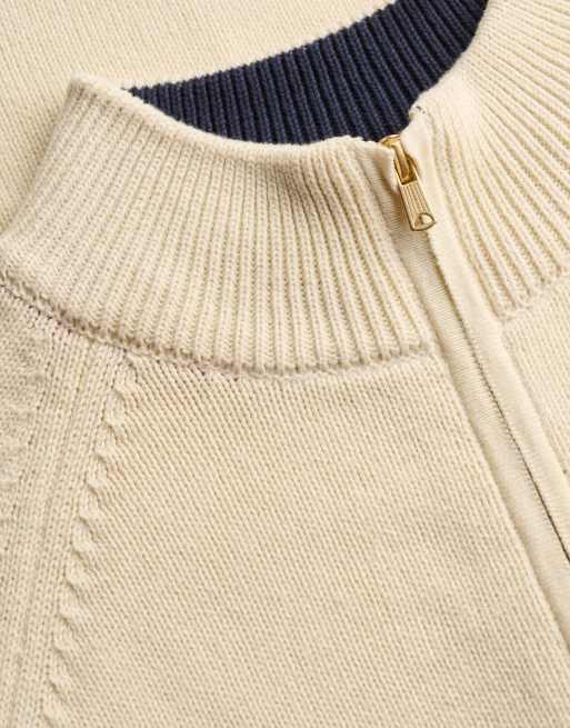 Superdry klassischer Baumwollstrick-Pullover mit halbem Reißverschluss in Ecru, 5 von 6
