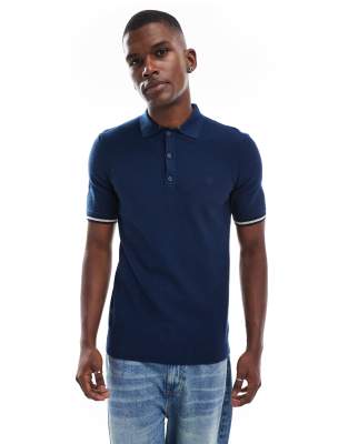 Superdry Knitted texture short sleeve polo shirt in faded navy