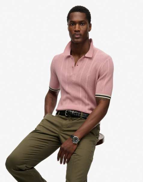 Superdry Knitted texture short sleeve polo shirt in grey pink - view 1