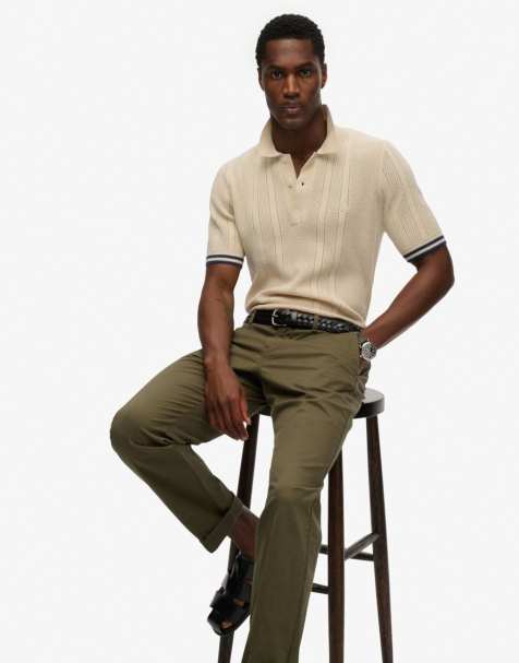 Superdry Knitted texture short sleeve polo shirt in oatmeal beige