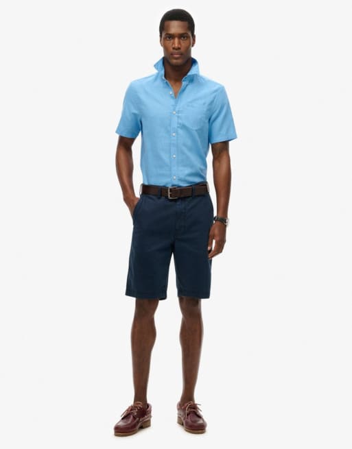 Superdry – Kurzärmliges Hemd aus Baumwollleinen in Barriereblau