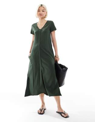 Superdry - Kurzärmliges Midikleid aus Jersey in Beuteltaschengrün mit Knopfleiste