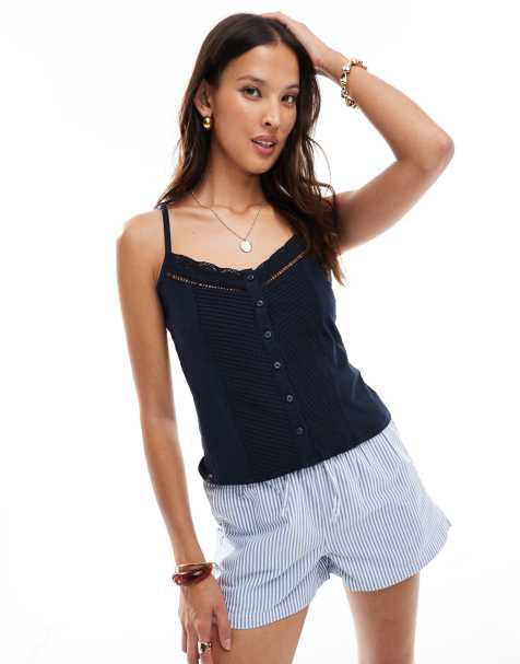 Superdry Lace button through cami top in eclipse navy