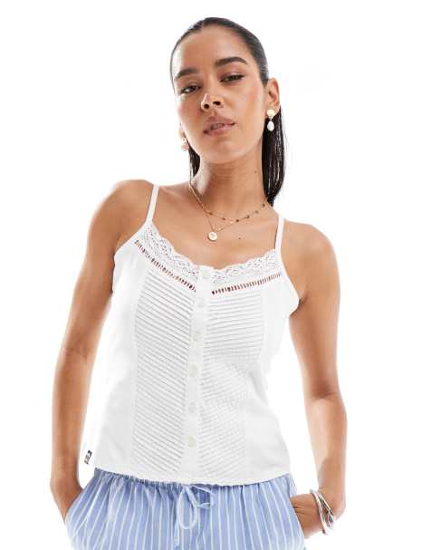 Superdry Lace button through cami top in off white - view 1