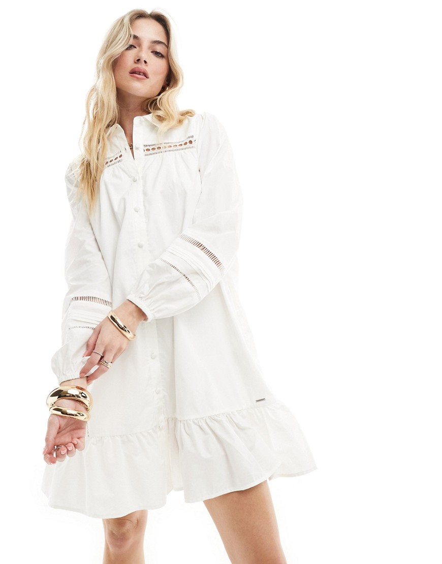 Superdry Lace mix shirt dress in chalk white